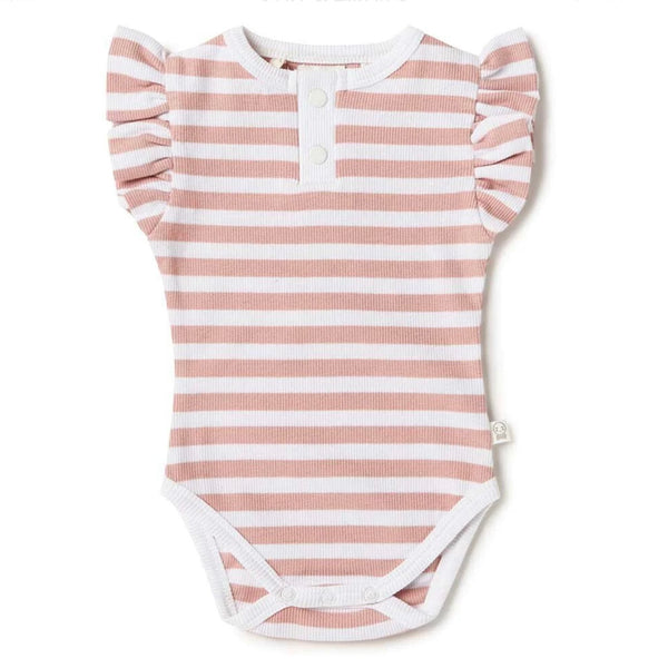 Snuggle Hunny Kids - 有機連身衣 Rose Milk Stripe Ripped Short Sleeve Bodysuit