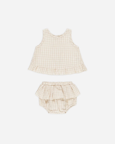 Quincy Mae - 無袖套裝 Ruffled Tulip Top + Bloomer Set (Oat Check)